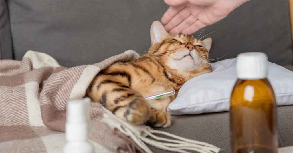 sick cat laying on the couch with a blanket and pillow