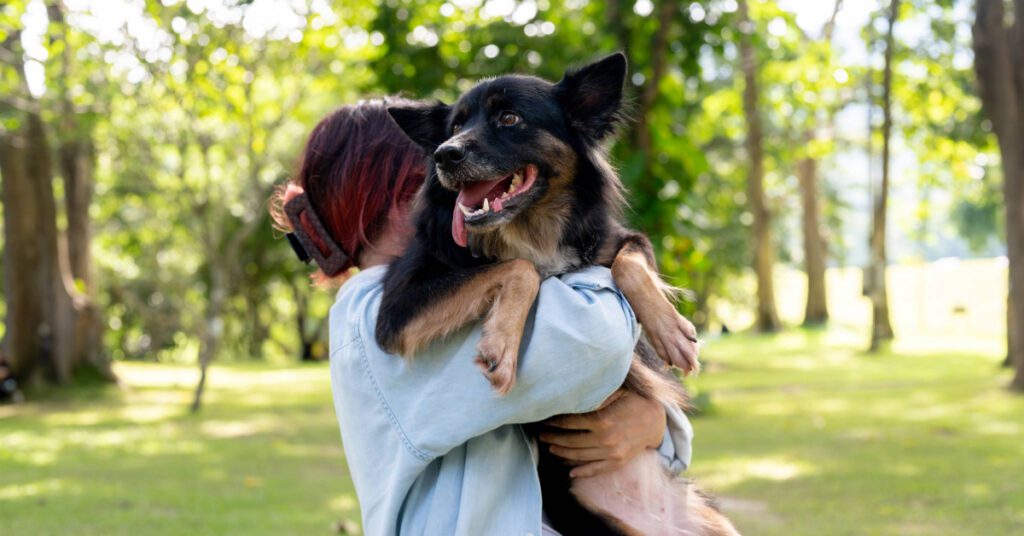female owner carrying dog due to dog limping on back leg