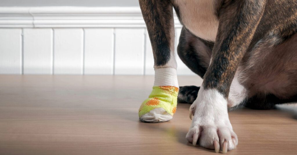 close up of dog's paws while one is wrapped up in bandages as a part of injured dog paw treatment